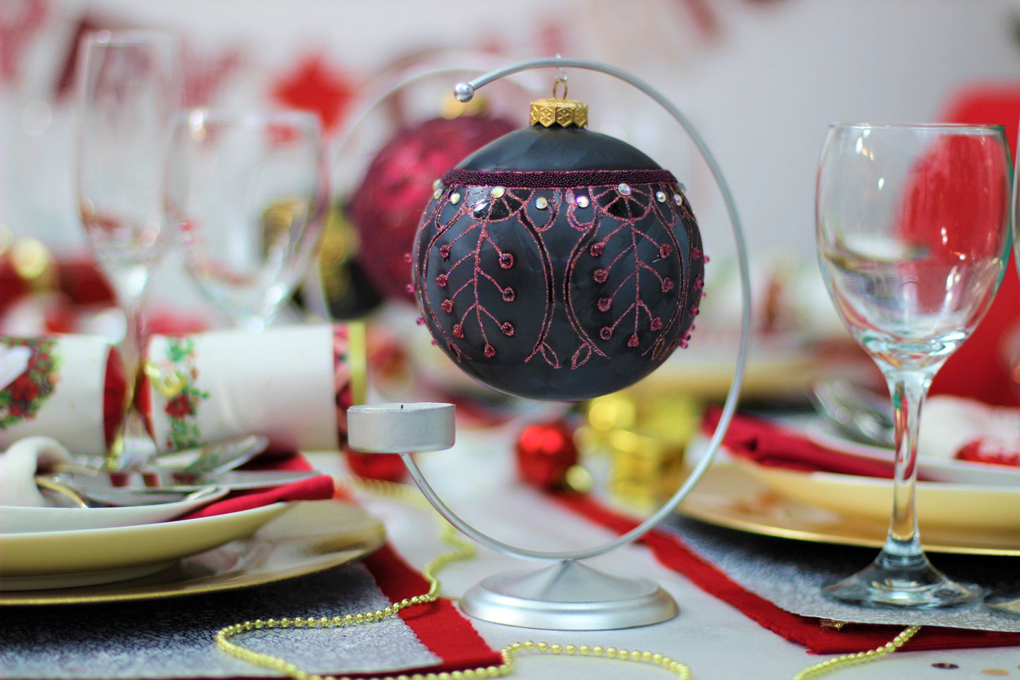 Large Black Matte Christmas Bauble with Pink Swirl Design