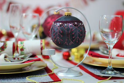 Large Black Matte Christmas Bauble with Pink Swirl Design