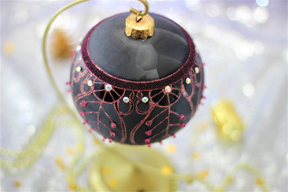 Large Black Matte Christmas Bauble with Pink Swirl Design