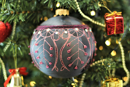 Large Black Matte Christmas Bauble with Pink Swirl Design