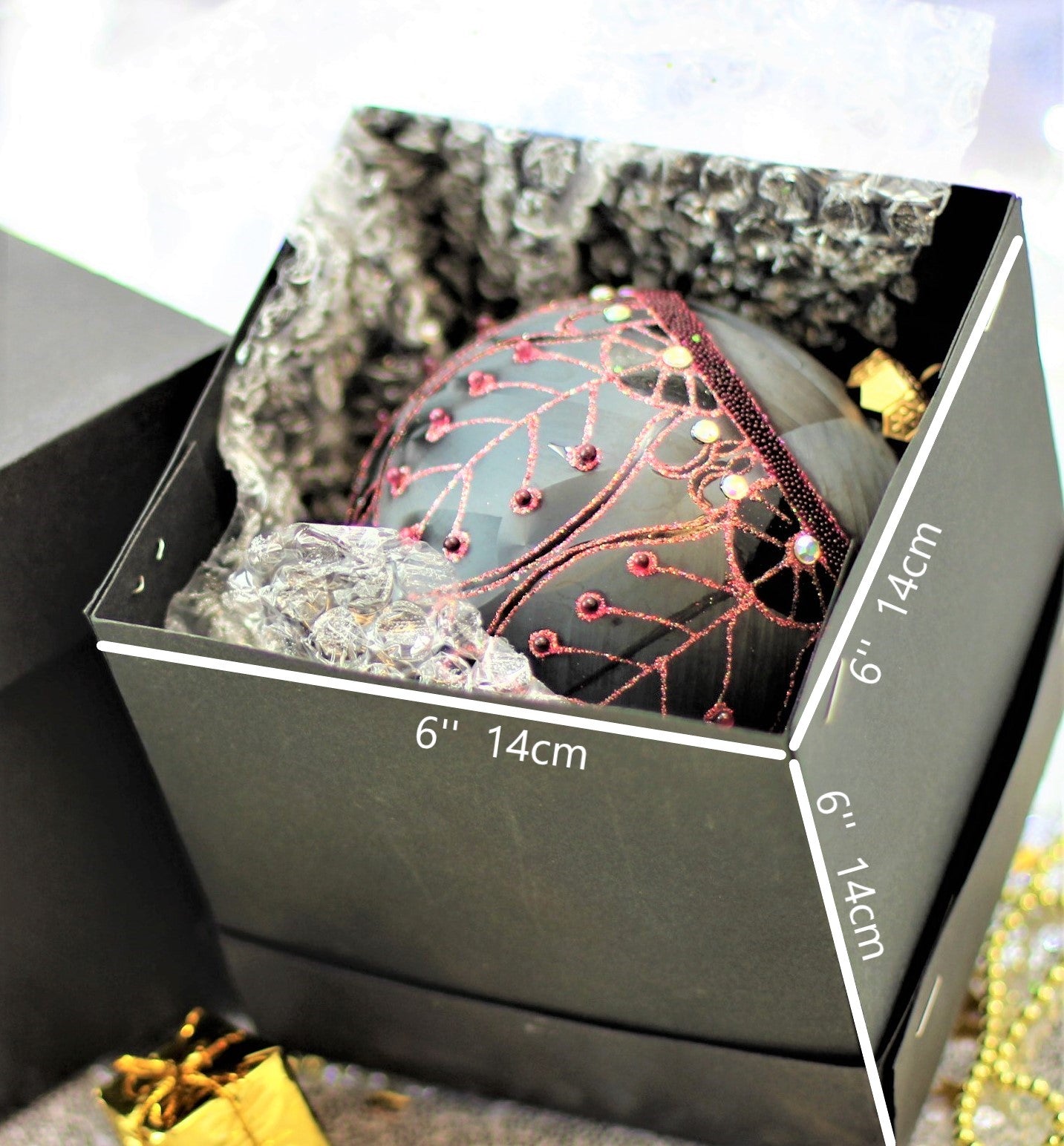 Large Black Matte Christmas Bauble with Pink Swirl Design