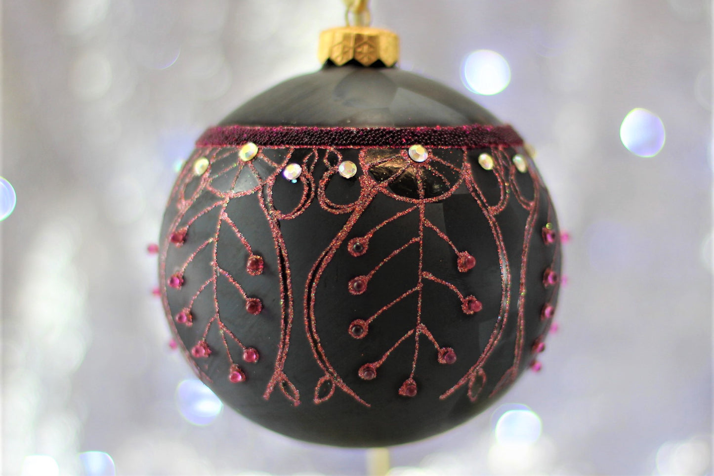 Large Black Matte Christmas Bauble with Pink Swirl Design