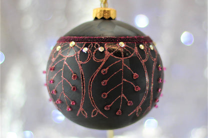 Large Black Matte Christmas Bauble with Pink Swirl Design