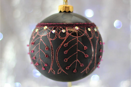 Large Black Matte Christmas Bauble with Pink Swirl Design