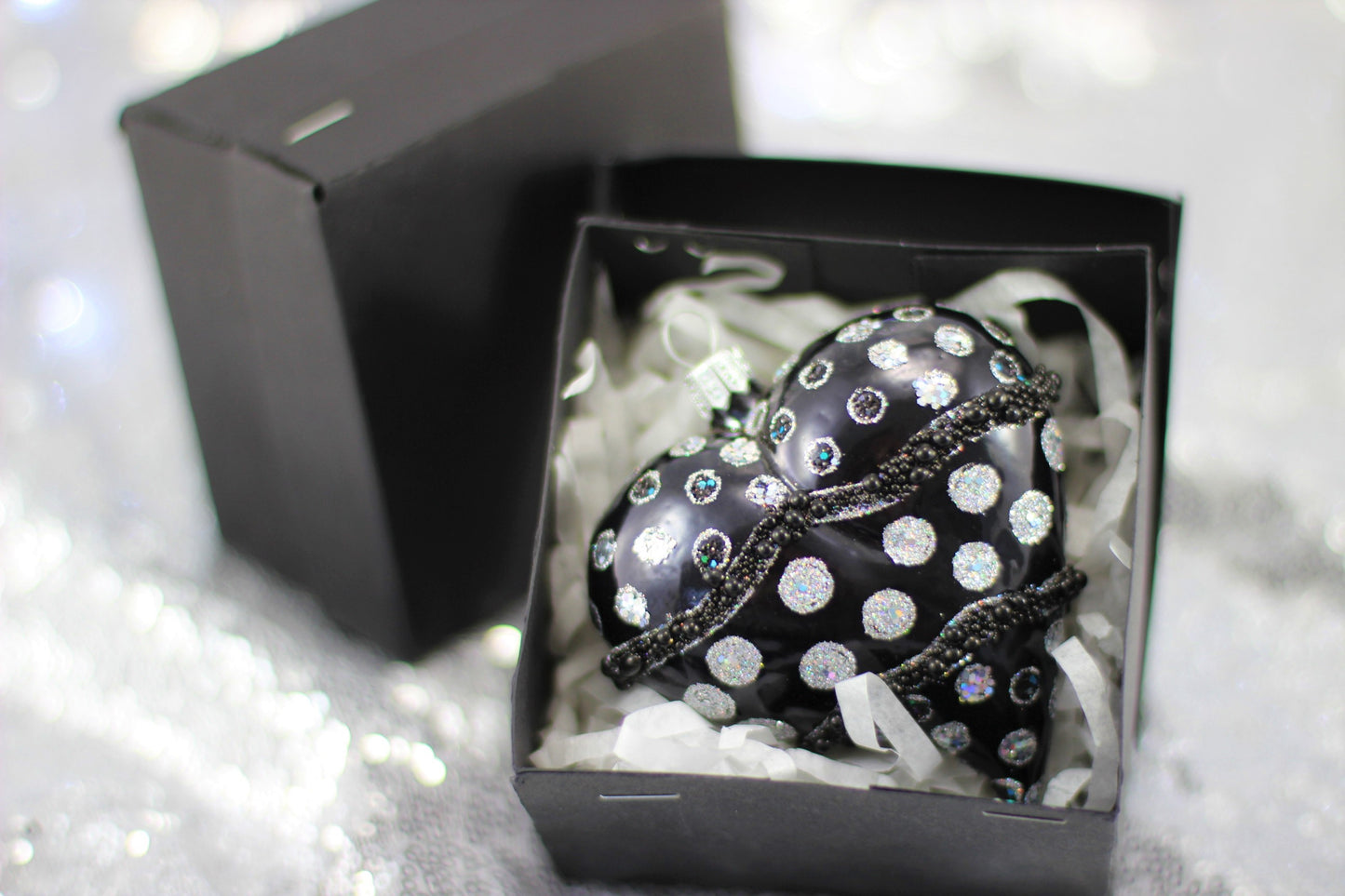 Glass Black Matte Heart Christmas Ornament with Silver Glitter Dott