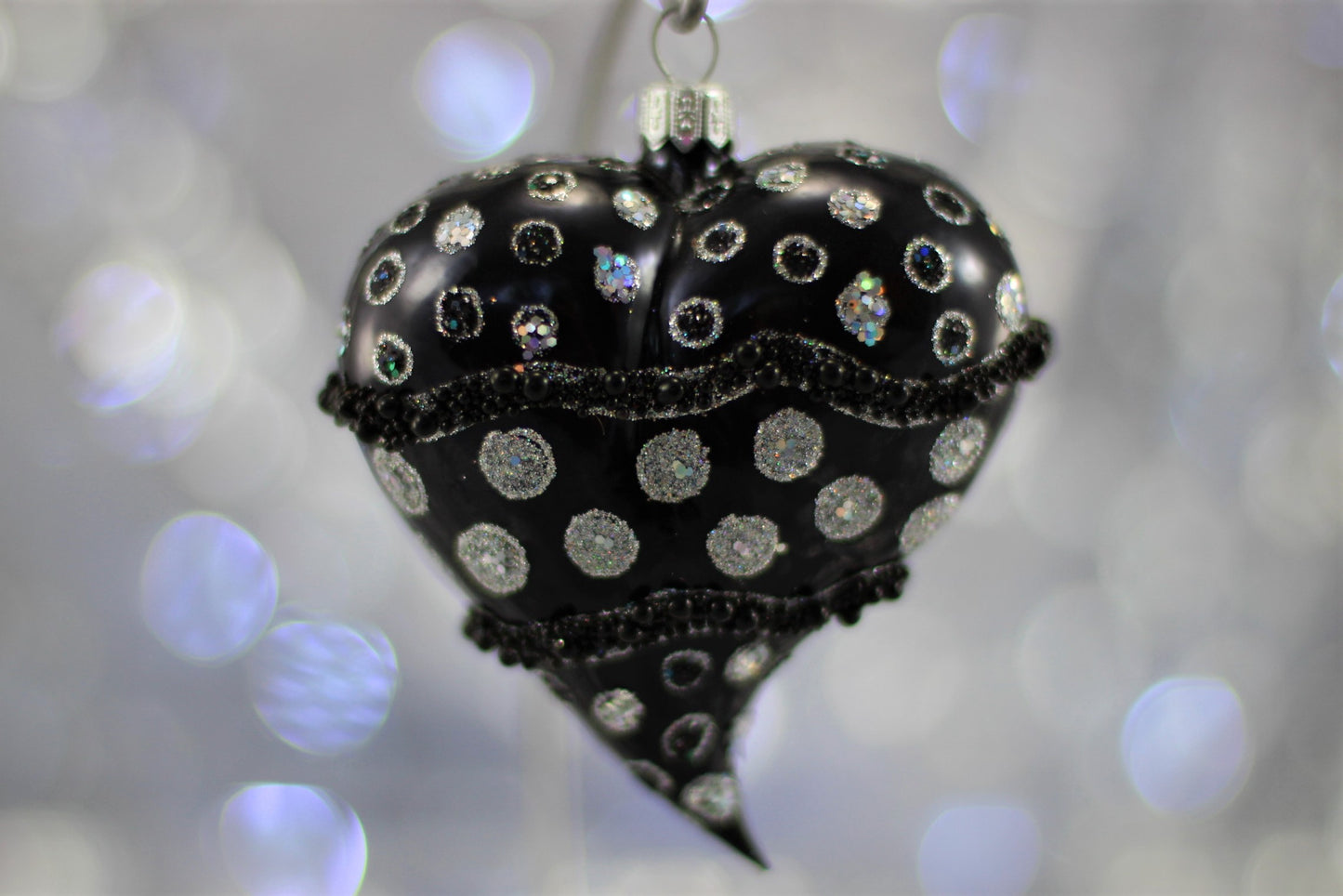 Glass Black Matte Heart Christmas Ornament with Silver Glitter Dott