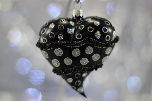Glass Black Matte Heart Christmas Ornament with Silver Glitter Dott