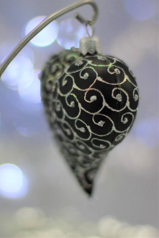 Black Matt Glass Heart Christmas Ornament With White Swirls