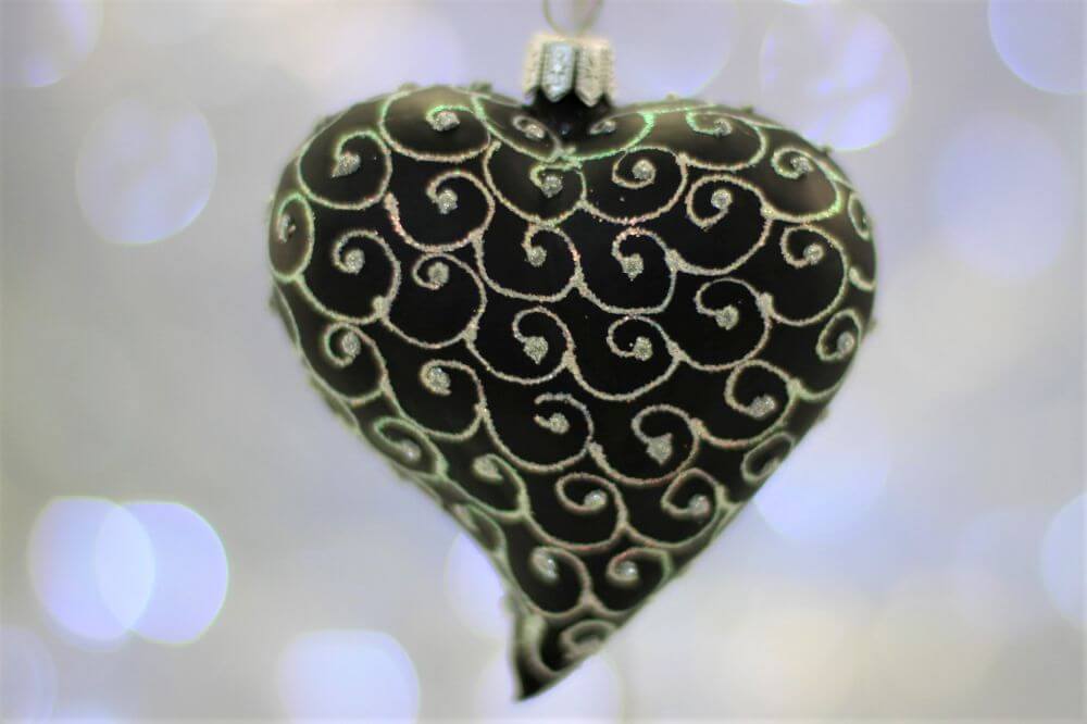 Black Matt Glass Heart Christmas Ornament With White Swirls