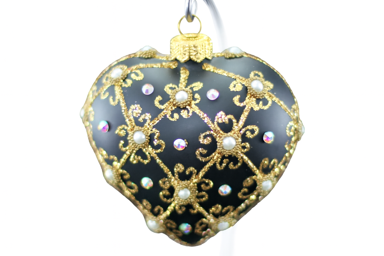 Luxurious black matte glass heart bauble with genuine Swarovski crystals.