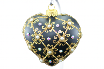Luxurious black matte glass heart bauble with genuine Swarovski crystals.