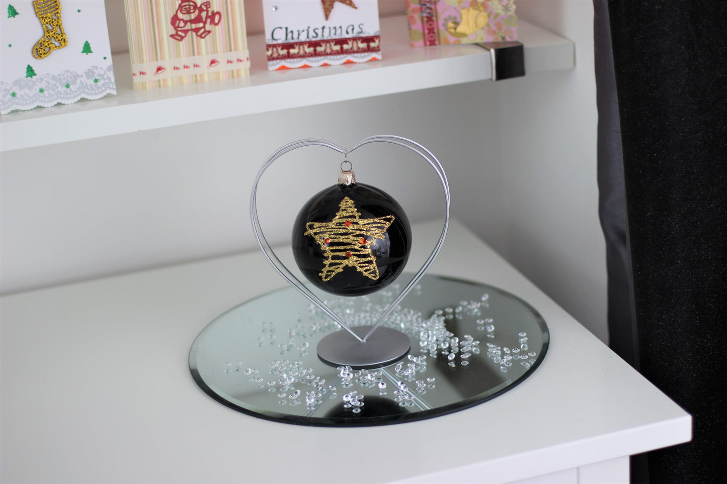 Black Christmas Bauble with Gold Glitter Star 10 cm 4''