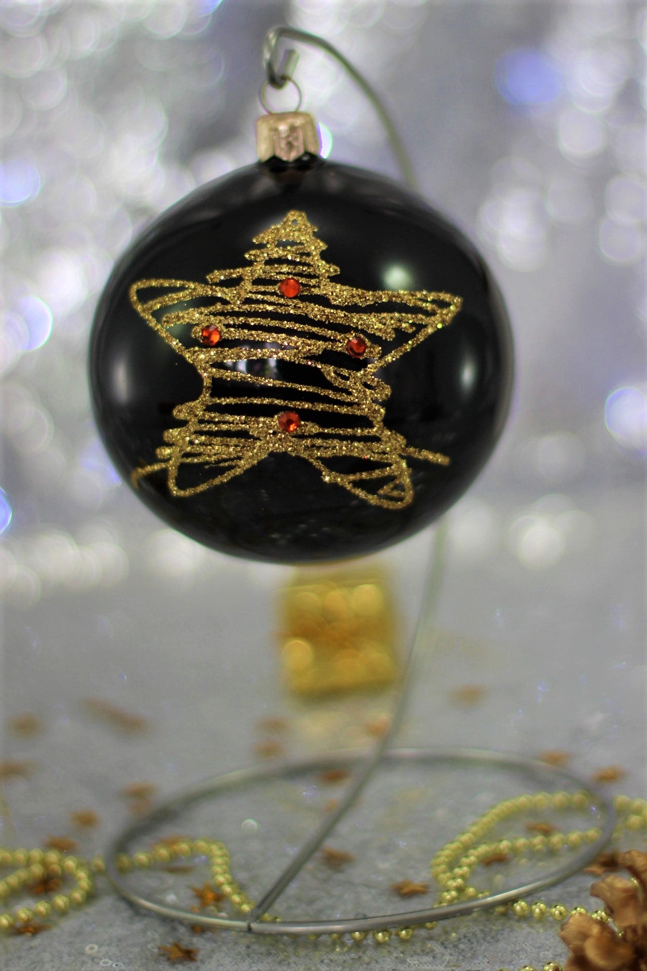 Black Christmas Bauble with Gold Glitter Star 10 cm 4''