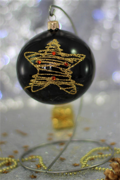 Black Christmas Bauble with Gold Glitter Star 10 cm 4''