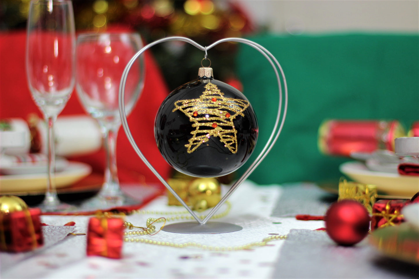 Black Christmas Bauble with Gold Glitter Star 10 cm 4''