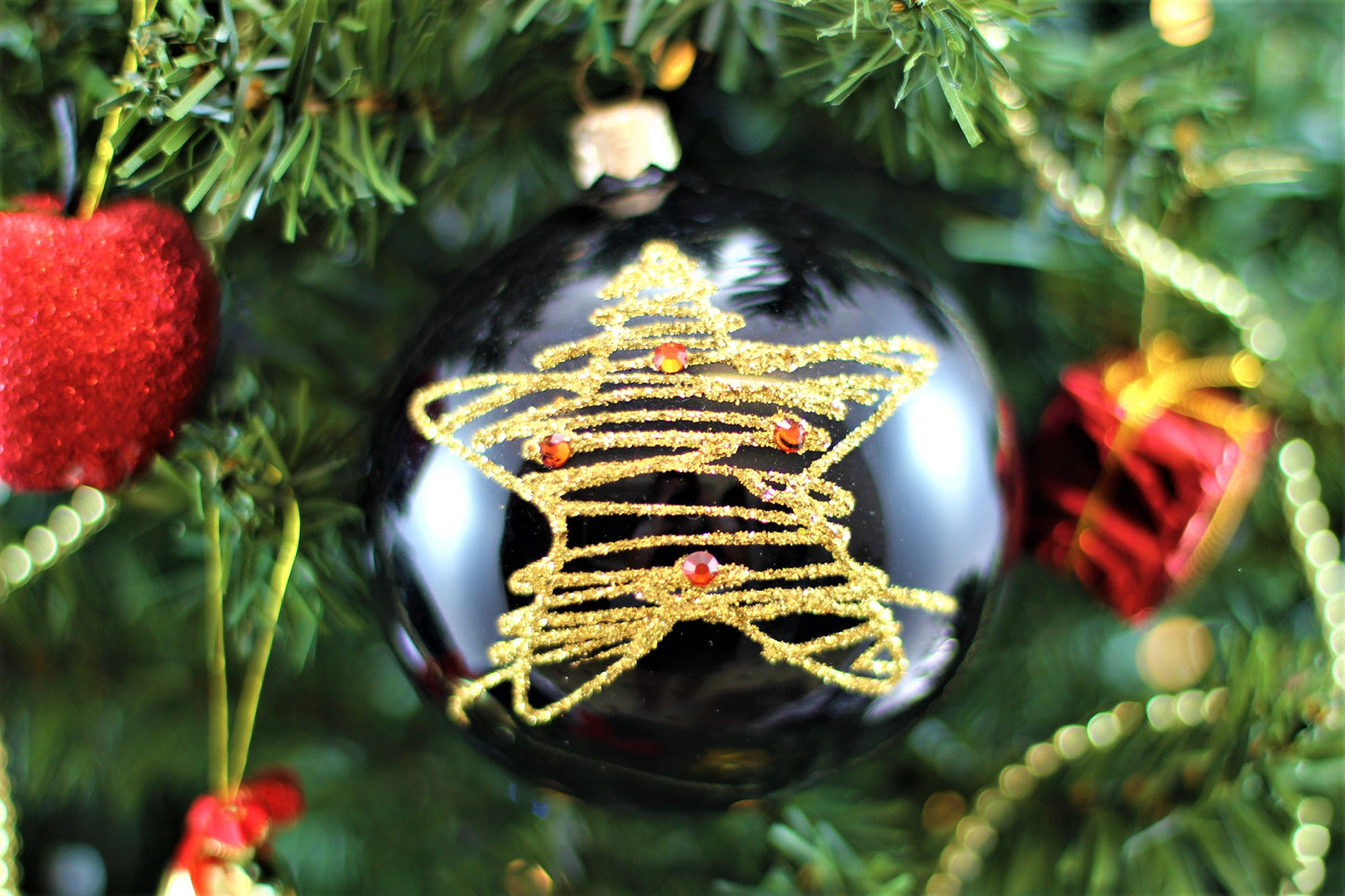 Black Christmas Bauble with Gold Glitter Star 10 cm 4''
