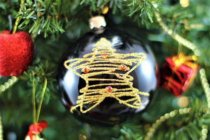 Black Christmas Bauble with Gold Glitter Star 10 cm 4''