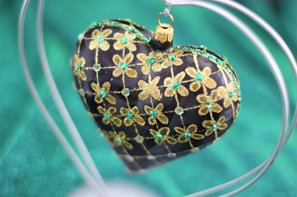 Large Black Matte Glass Heart Christmas Bauble with Gold & Emerald Flower Design