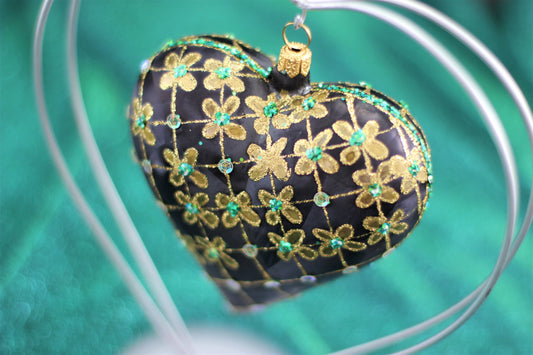 Large Black Matte Glass Heart Christmas Bauble with Gold & Emerald Flower Design