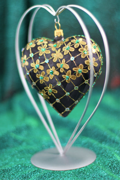 Large Black Matte Glass Heart Christmas Bauble with Gold & Emerald Flower Design