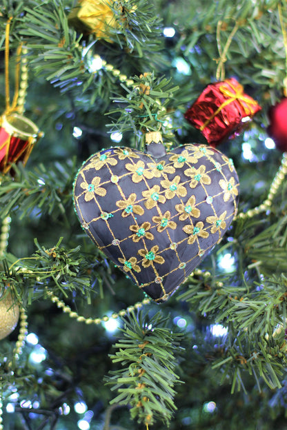 Large Black Matte Glass Heart Christmas Bauble with Gold & Emerald Flower Design