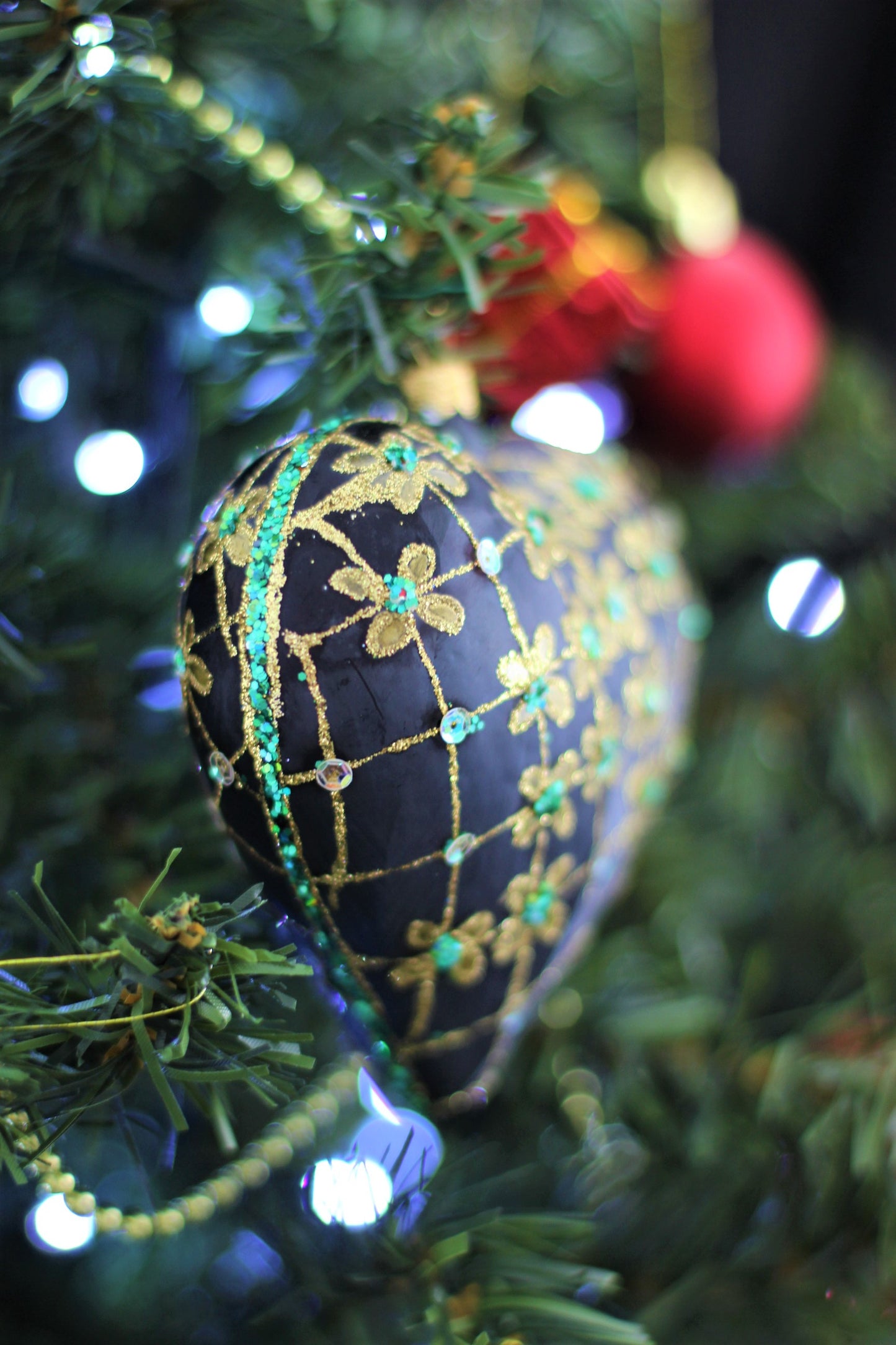 Large Black Matte Glass Heart Christmas Bauble with Gold & Emerald Flower Design