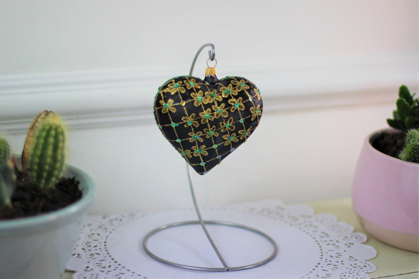 Large Black Matte Glass Heart Christmas Bauble with Gold & Emerald Flower Design