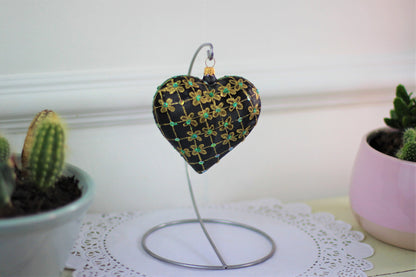 Large Black Matte Glass Heart Christmas Bauble with Gold & Emerald Flower Design