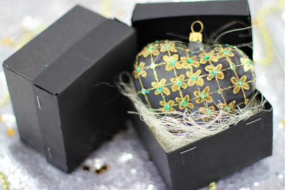 Large Black Matte Glass Heart Christmas Bauble with Gold & Emerald Flower Design