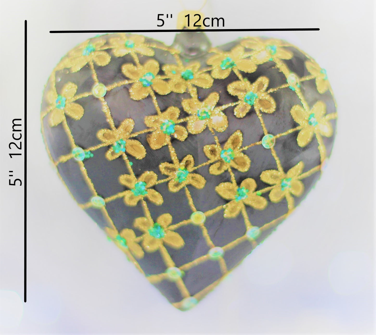 Large Black Matte Glass Heart Christmas Bauble with Gold & Emerald Flower Design