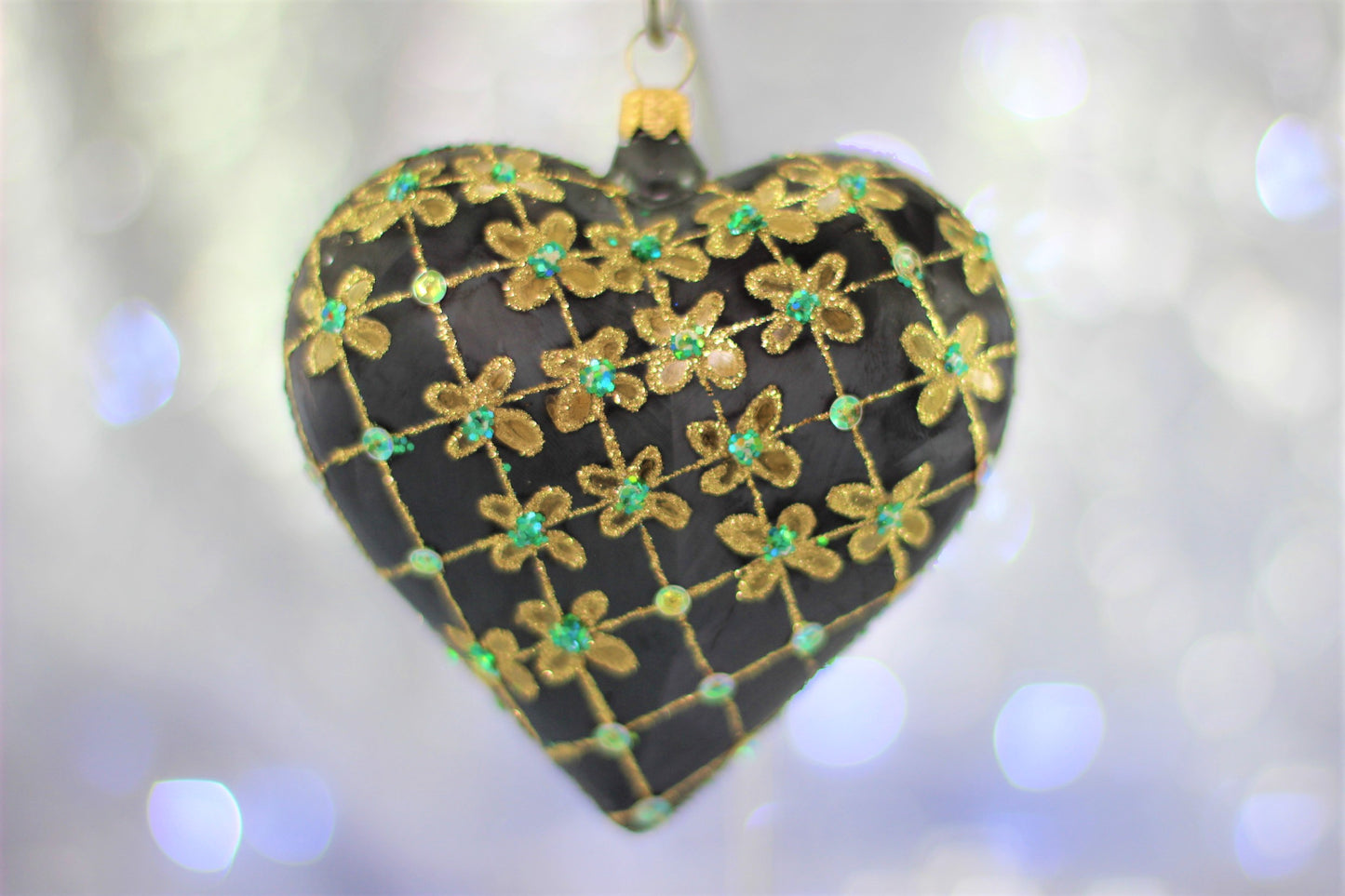 Large Black Matte Glass Heart Christmas Bauble with Gold & Emerald Flower Design