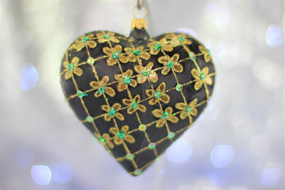 Large Black Matte Glass Heart Christmas Bauble with Gold & Emerald Flower Design