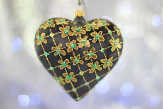 Large Black Matte Glass Heart Christmas Bauble with Gold & Emerald Flower Design