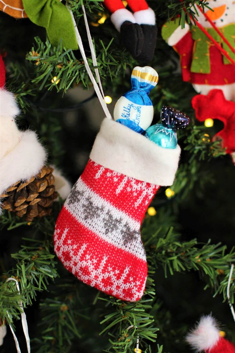 Red, White & Grey Patterned Knitted Christmas Stocking