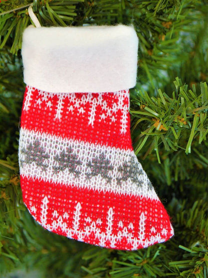 Red, White & Grey Patterned Knitted Christmas Stocking