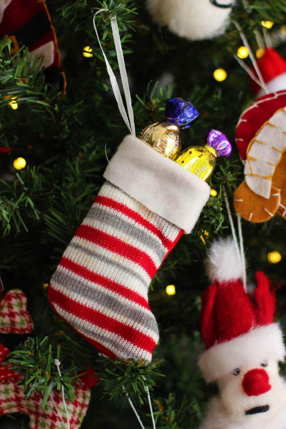 Mini Red, White & Grey Striped Knitted Christmas Stocking