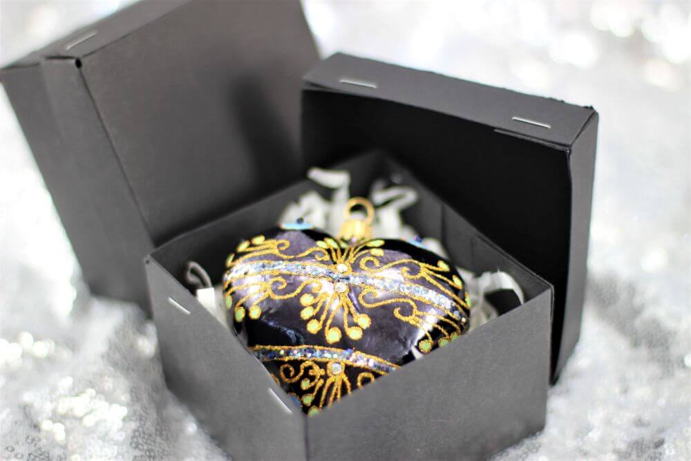 Navy Blue Heart Christmas Ornament With Gold Swirls