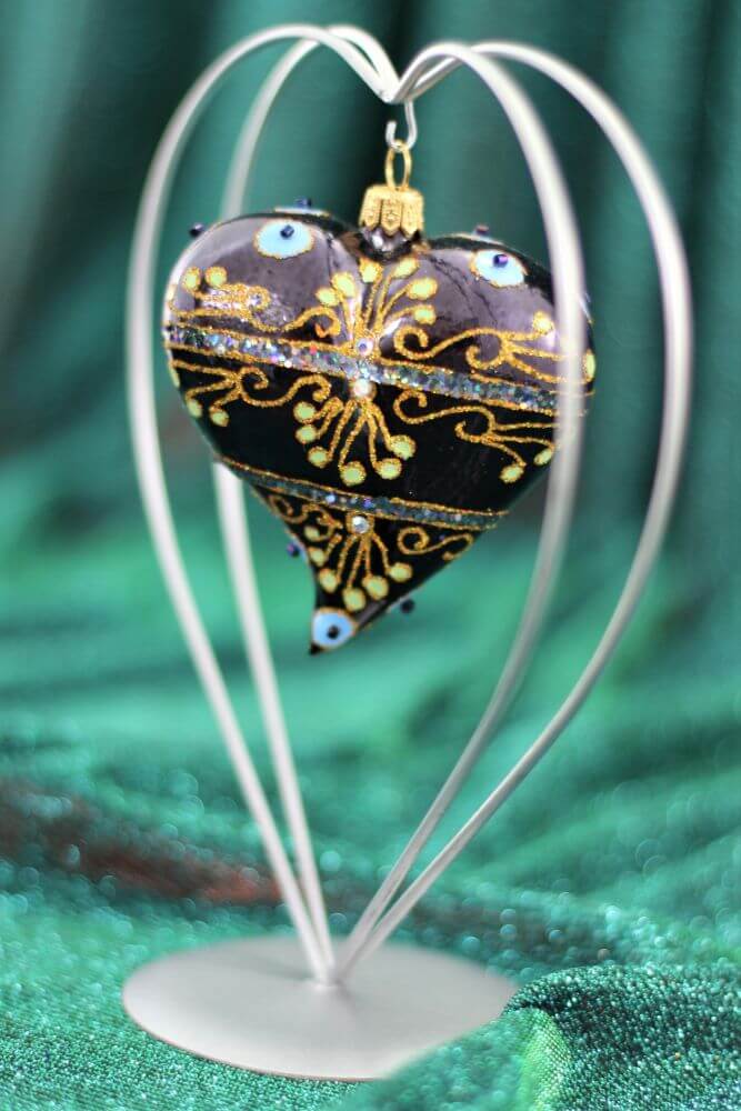 Navy Blue Heart Christmas Ornament With Gold Swirls