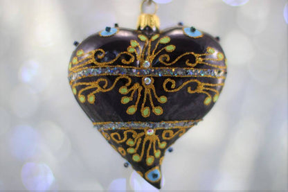 Navy Blue Heart Christmas Ornament With Gold Swirls