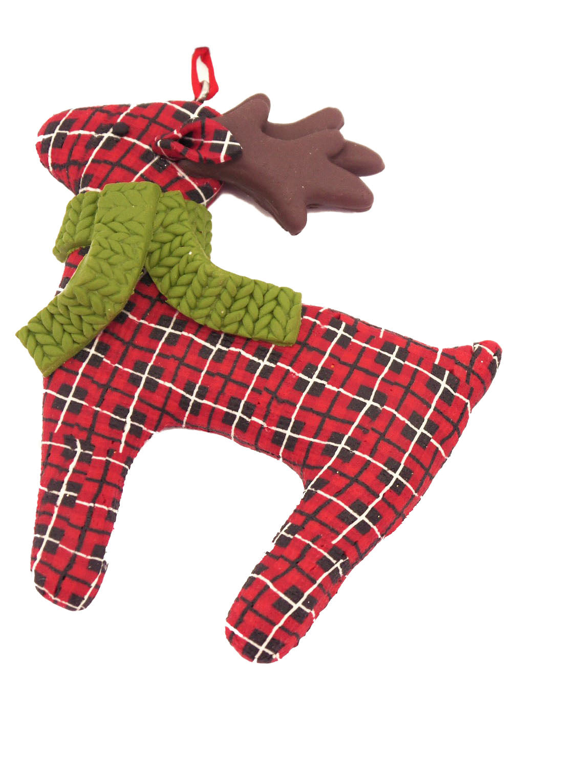 Detailed handmade red polyclay reindeer ornament wearing a green textured scarf.