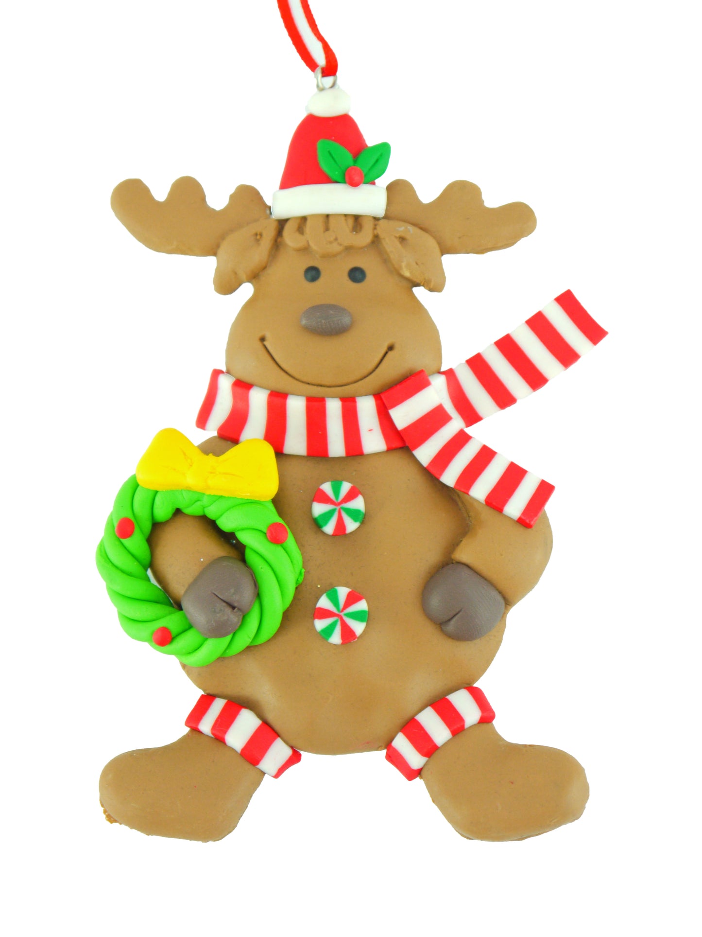 Cheerful handmade polyclay reindeer ornament holding a green Christmas wreath.