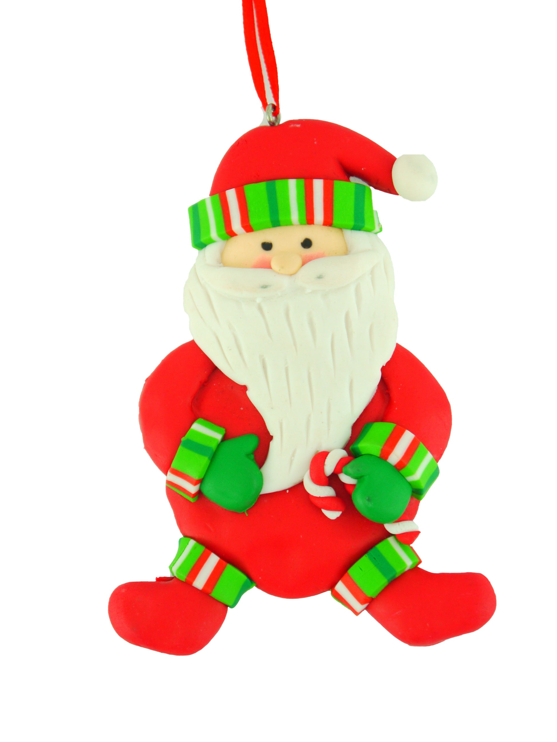 Cheerful handmade polyclay Santa ornament in a red suit holding a candy cane.