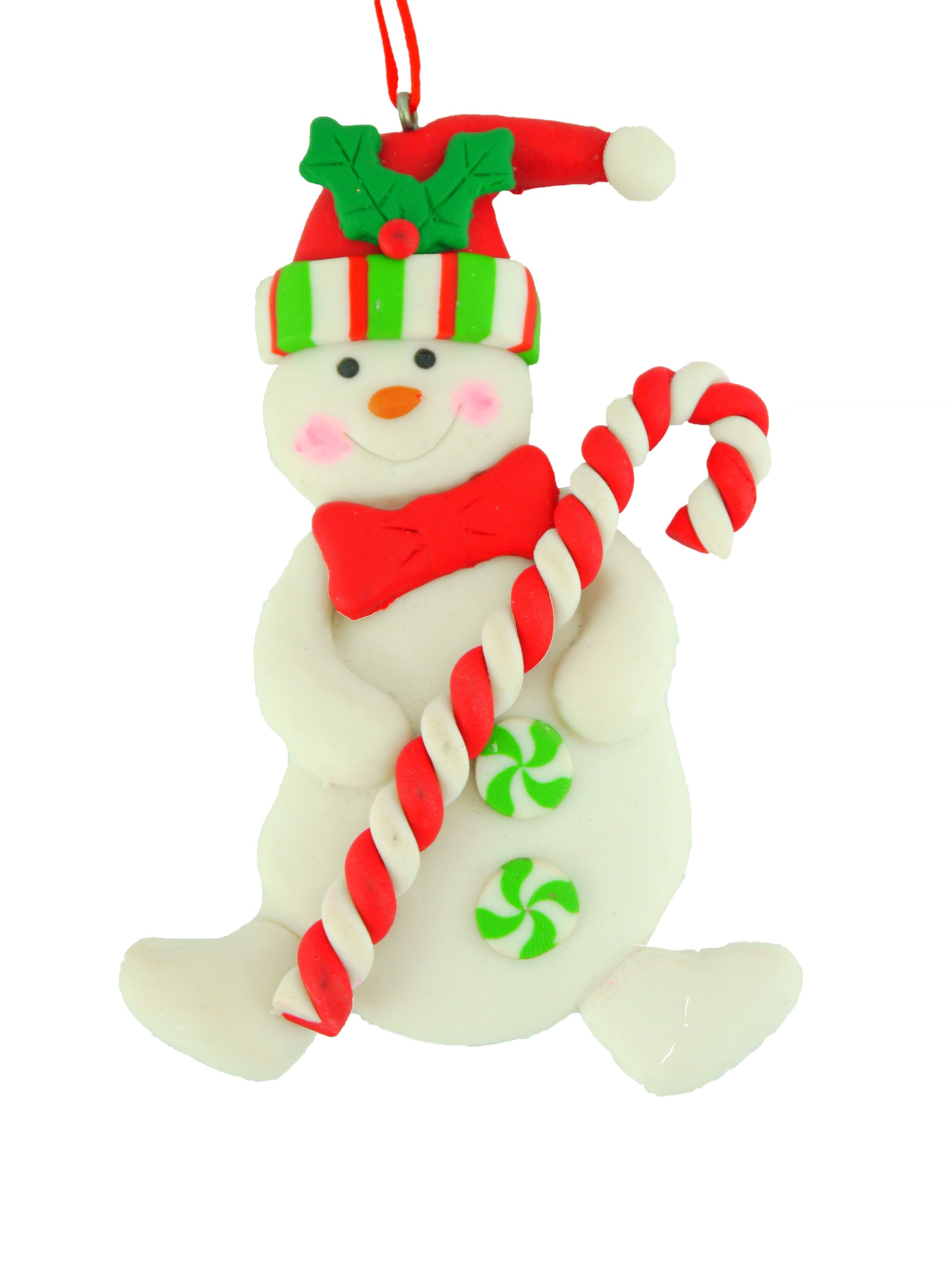Cheerful handmade polyclay snowman ornament with a red and white candy cane.