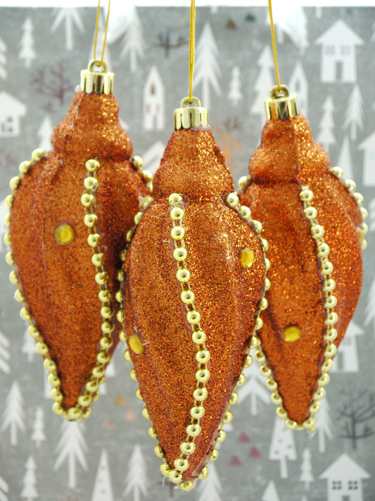 Set of 3 Large Christmas Icicle Baubles – Copper Gold Glitter With Beaded Chain And Crystals