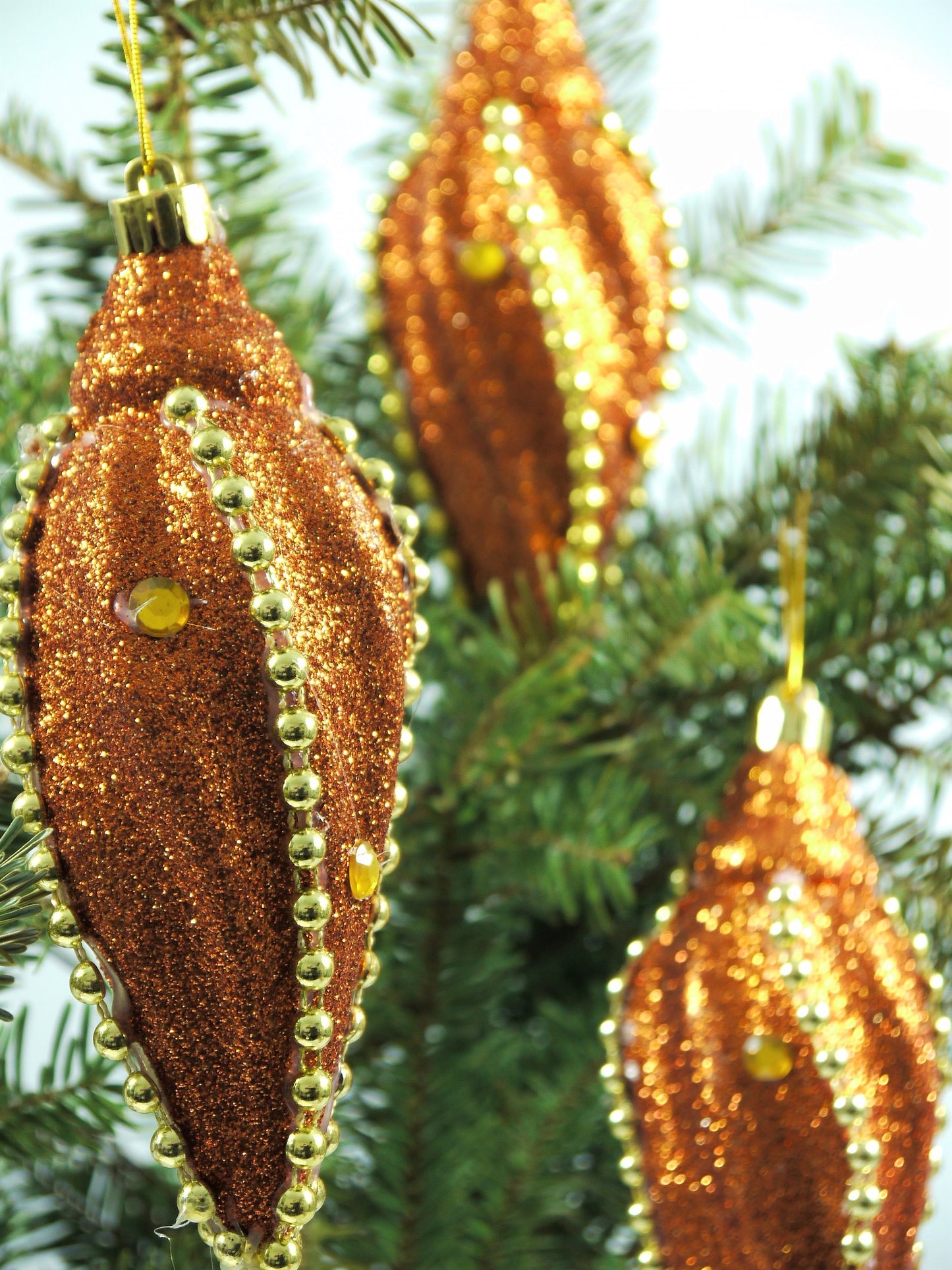 Set of 3 Large Christmas Icicle Baubles – Copper Gold Glitter With Beaded Chain And Crystals