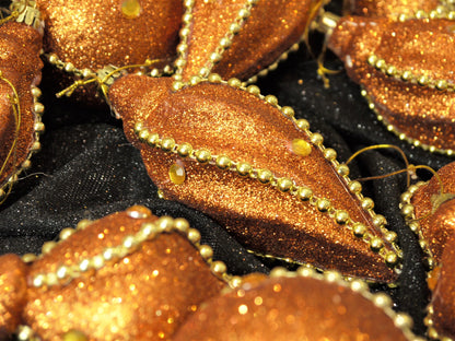 Set of 3 Large Christmas Icicle Baubles – Copper Gold Glitter With Beaded Chain And Crystals