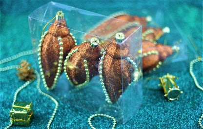 Set of 3 Large Christmas Icicle Baubles – Copper Gold Glitter With Beaded Chain And Crystals