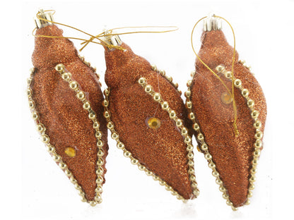 Set of 3 Large Christmas Icicle Baubles – Copper Gold Glitter With Beaded Chain And Crystals