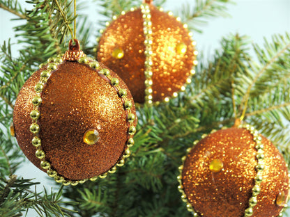 Set of 3 Round Christmas Baubles – Copper Gold Glitter With Beaded Chain And Crystals