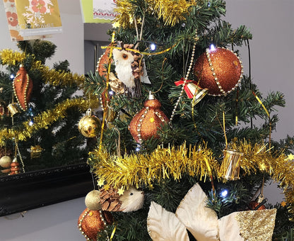 Set of 3 Round Christmas Baubles – Copper Gold Glitter With Beaded Chain And Crystals